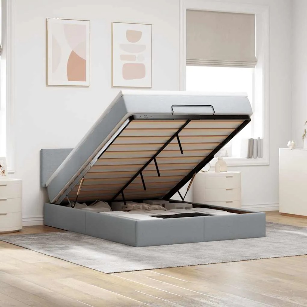 Estrutura cama otomana colchão 140x200cm tecido cinzento claro