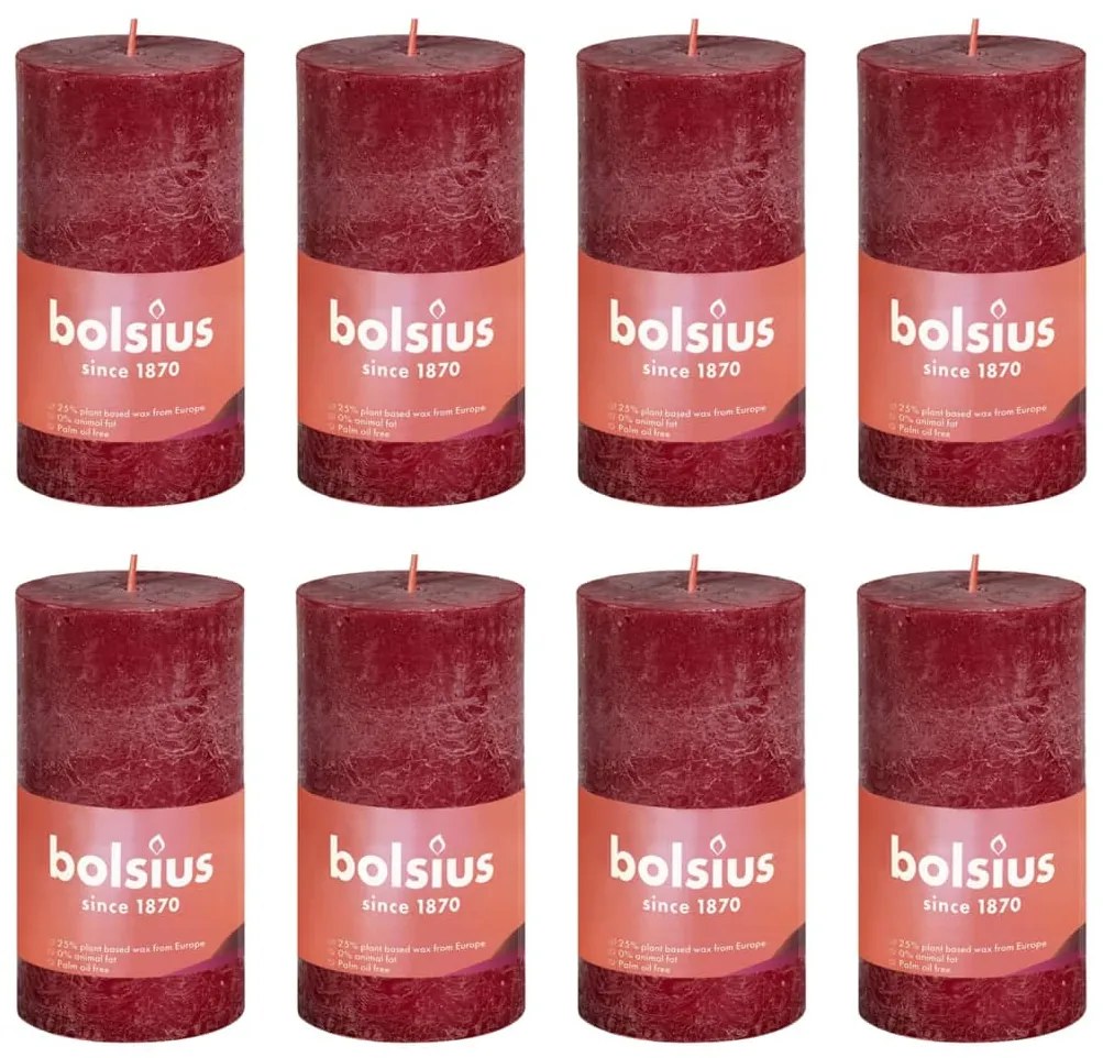 Bolsius Velas rústicas cilíndricas Shine 8pcs 100x50mm vermelho veludo