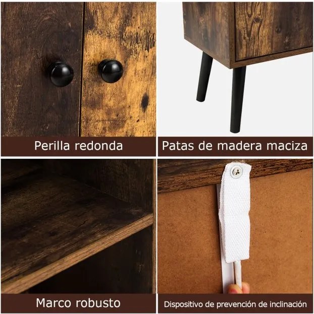 Estante Retro com Armário Industrial e Estante de 2 Níveis para Livros 60 x 30 x 120 cm Castanho