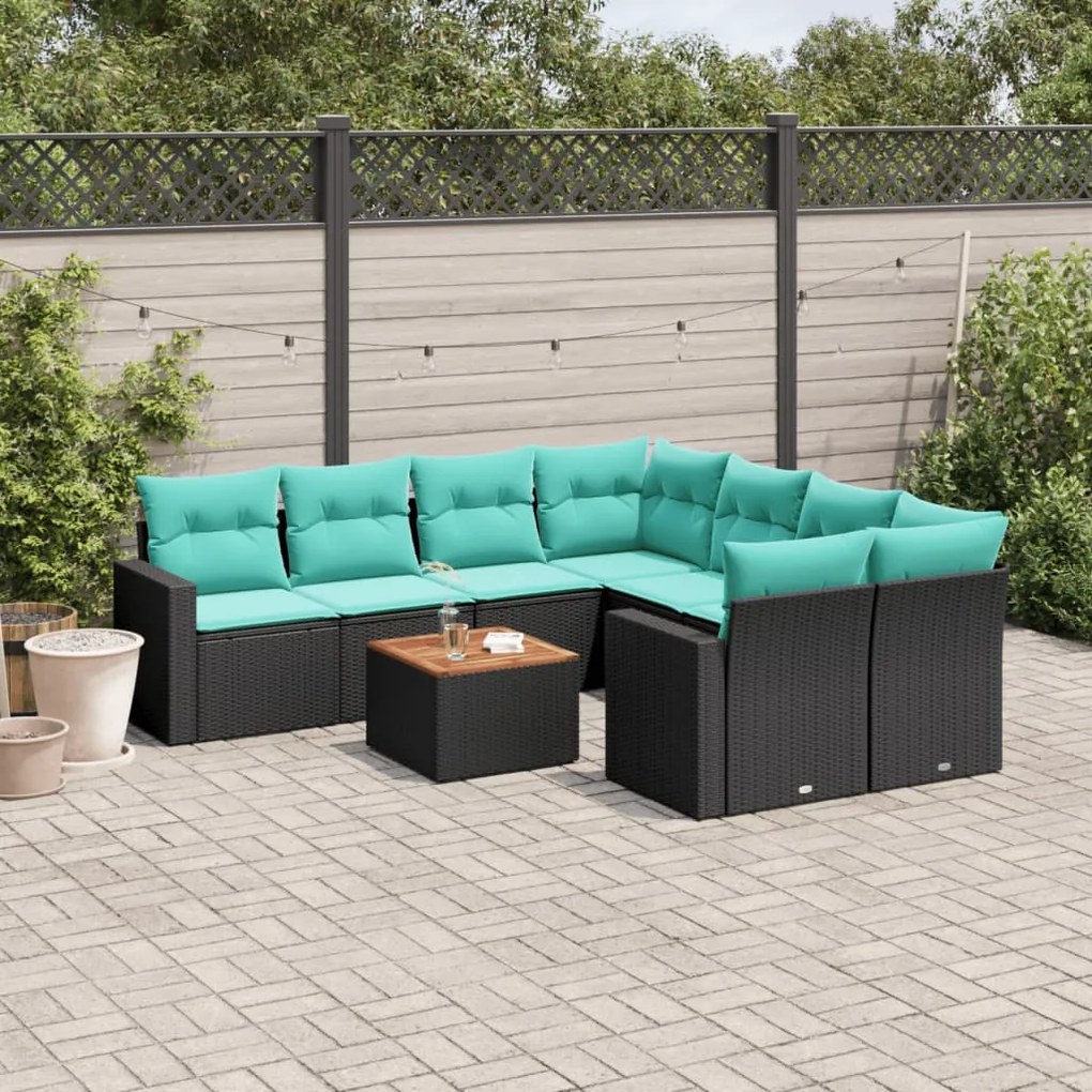vidaXL 9 pcs conjunto de sofás p/ jardim c/ almofadões vime PE preto