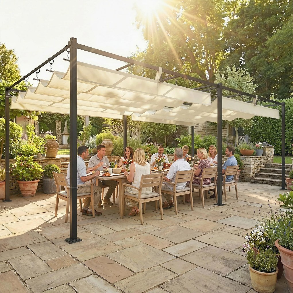 Pérgola de Jardim 6x3 m com Telhado Retrátil Proteção UPF50+ Drenagem Pavilhão de Jardim para Terraço Exterior Creme