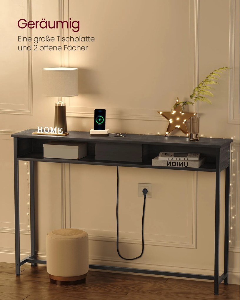 Mesa consola com 2 tomadas e 2 portas USB 25 x 120 x 81,1 cm Preto antracite e cinzento