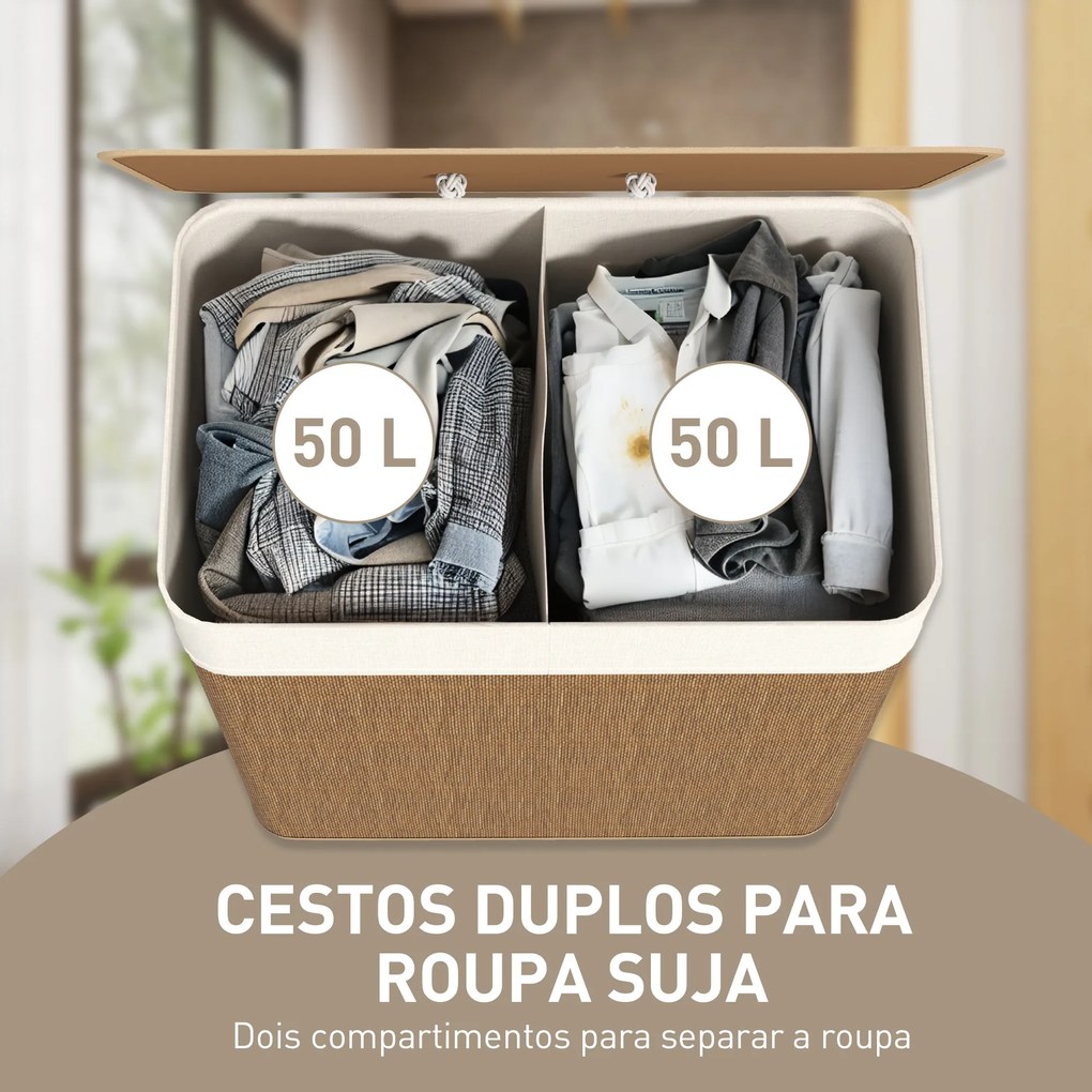 Cesto de Roupa com Tampa 100L de Bambu com 2 Compartimentos Bolsa Interior Amóvivel 52x32x63 cm Castanho e Creme