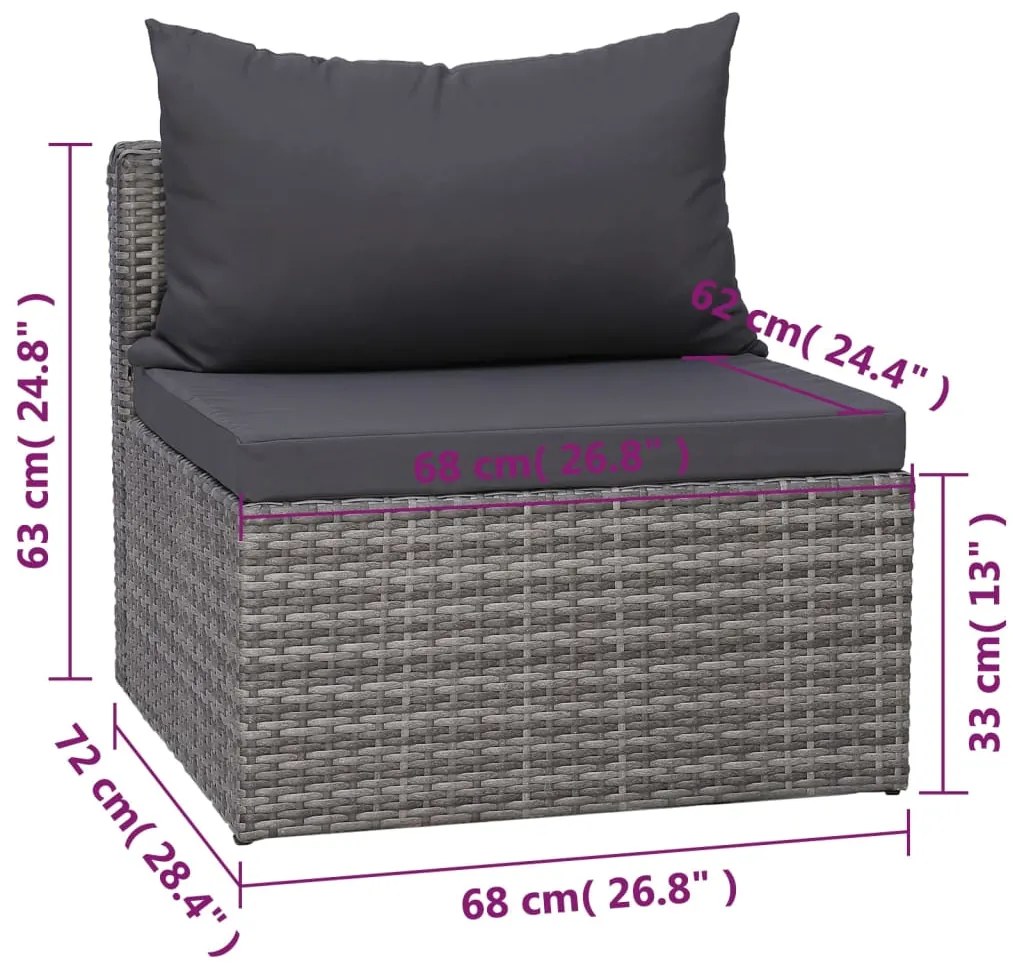 7 pcs conjunto lounge de jardim c/ almofadões vime PE cinzento