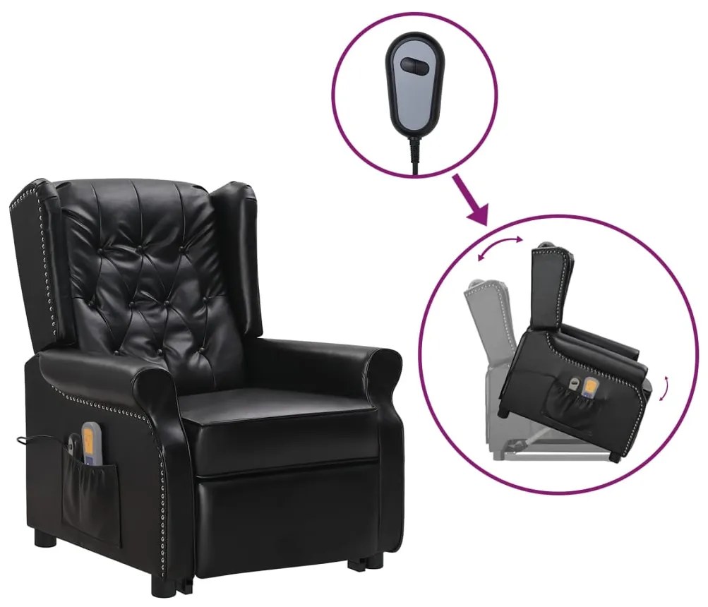vidaXL Poltrona massagens elevatória couro artificial preto brilhante
