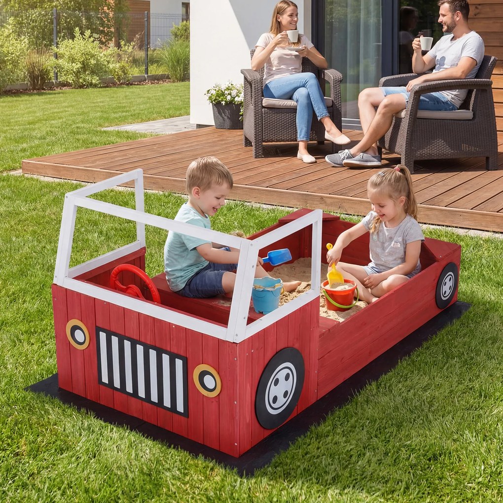 Caixa de areia infantil em madeira de abeto, em forma de camião dos bombeiros 156 x 80 x 70 cm, com banco, volante giratório, 2 assentos e tapete, , v