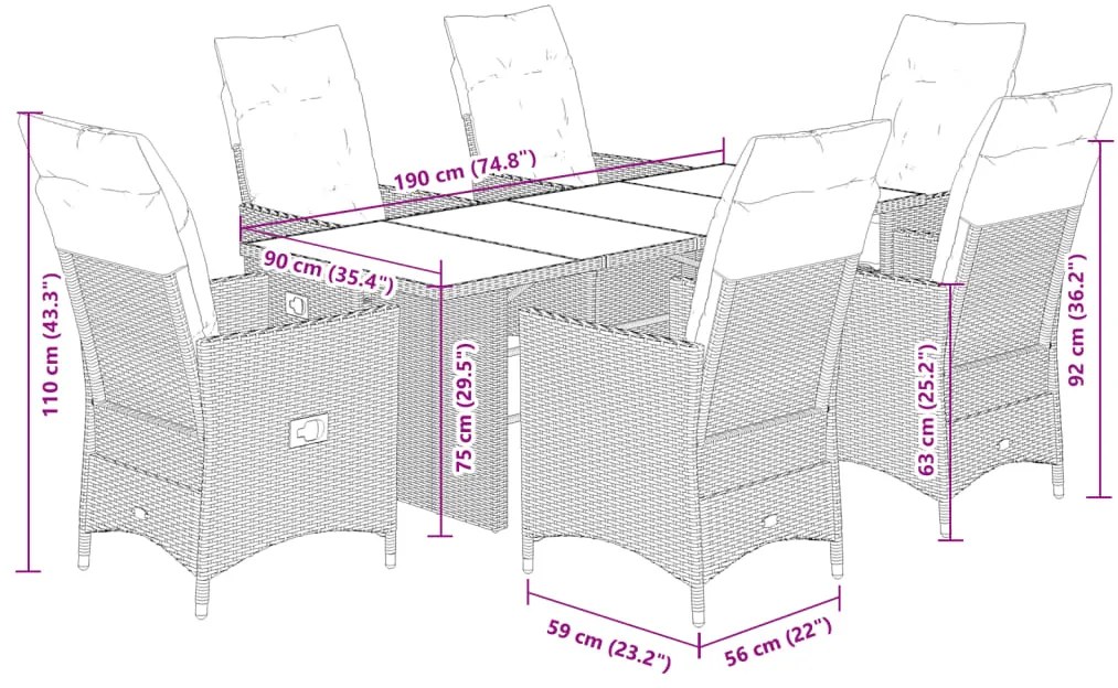 7 pcs conjunto de jantar p/ jardim c/ almofadões vime PE preto