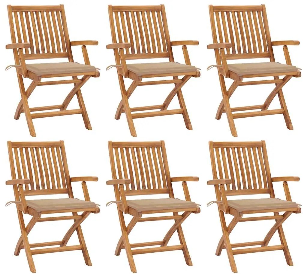 vidaXL Cadeiras de jardim dobráveis c/ almofadões 6 pcs teca maciça