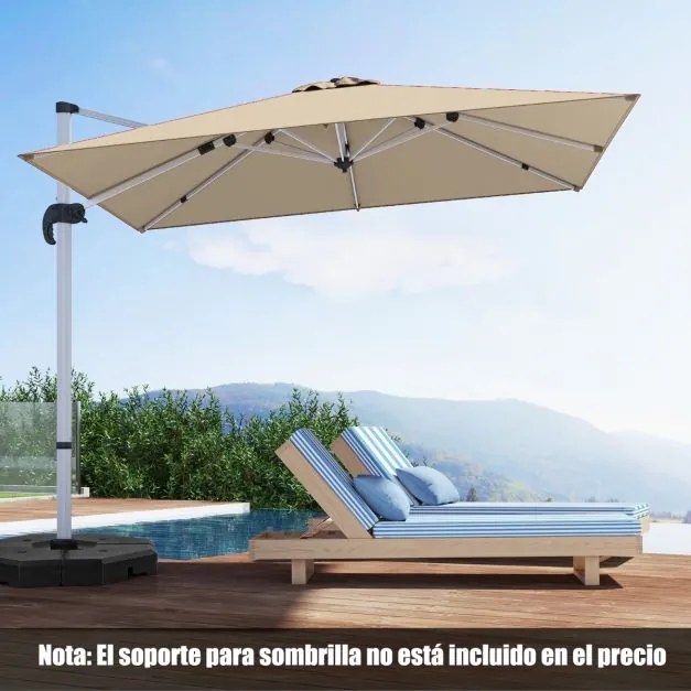 Guarda-sol Jardim de alumínio de 3 m quadrado com rotação de 360° e inclinação ajustável à prova de vento para pátio, piscina e terraço Bege