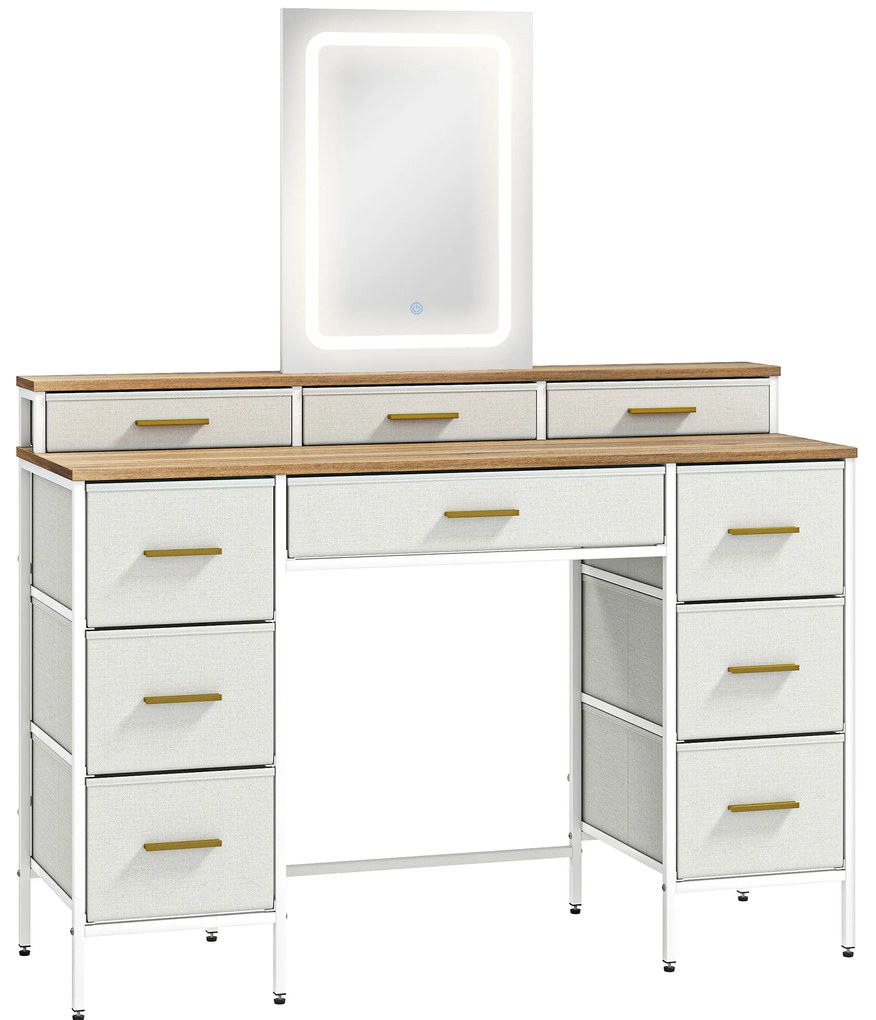 Toucador com Luzes LED de 3 Cores Espelho 10 Gavetas de TECIDO e Pés em Aço 118,5x39,5x140 cm Madeira