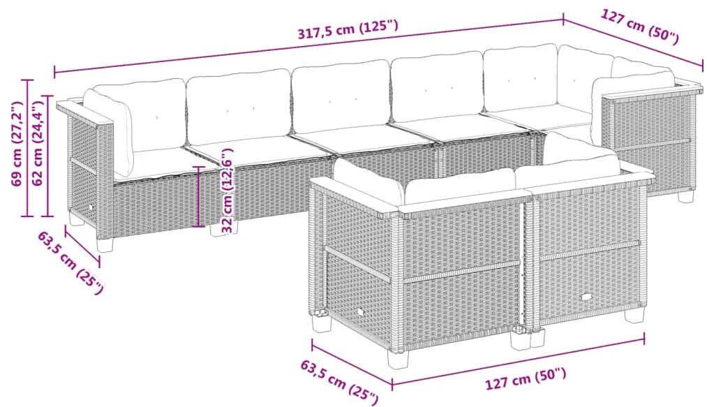 8 pcs conjunto de sofás p/ jardim com almofadões vime PE bege