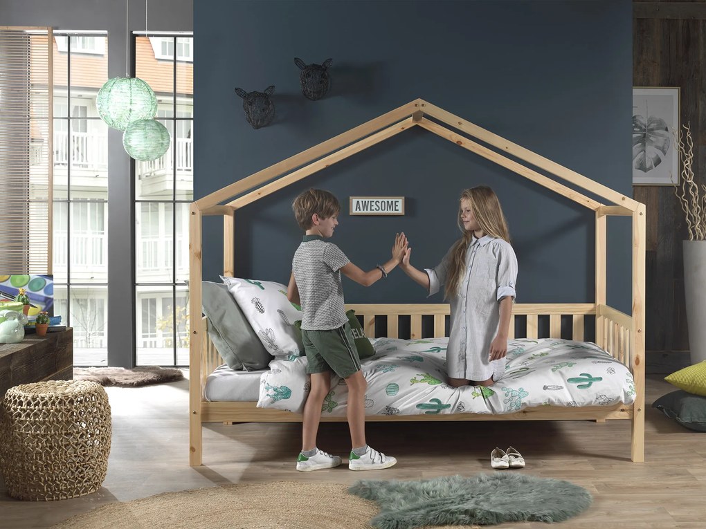 Cama infantil de Casa DALLAS 90x200 Com Ripas e Estrado e com Colchão NATURAL