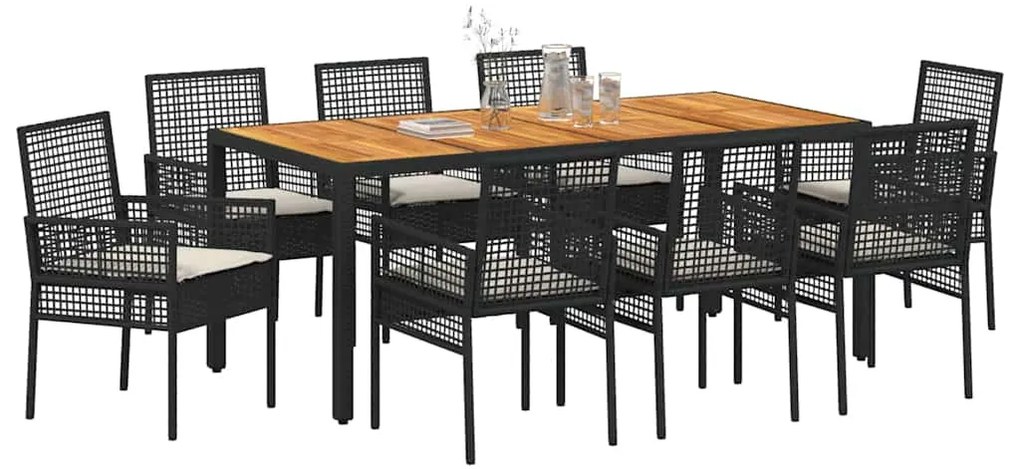 Conjunto de Jantar de Jardim com Almofadas Preto Poliratã