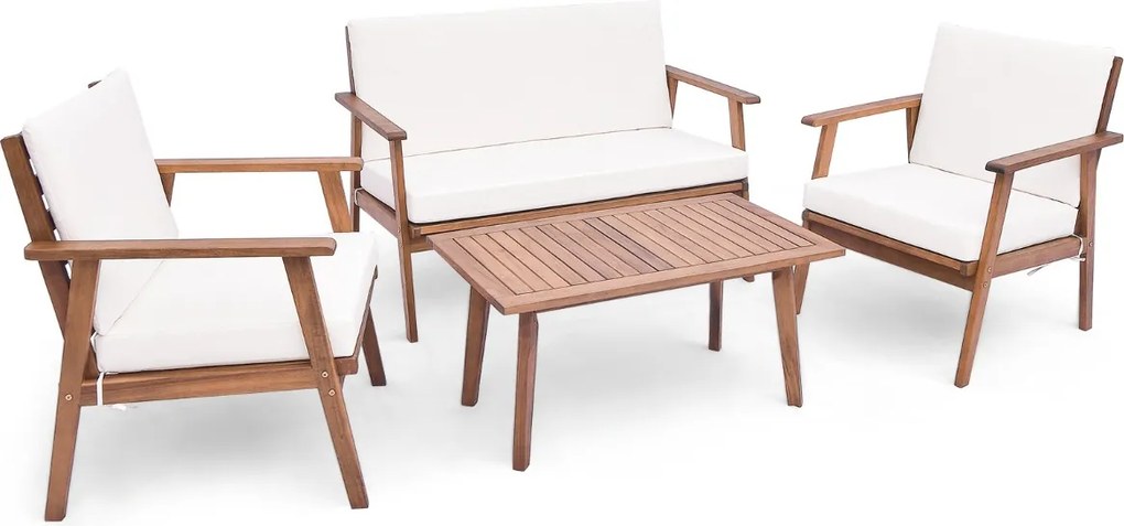 Conjunto de 4 peças: 2 cadeiras simples, 1 sofá de dois lugares e 1 mesa de centro com braços e assento acolchoado branco