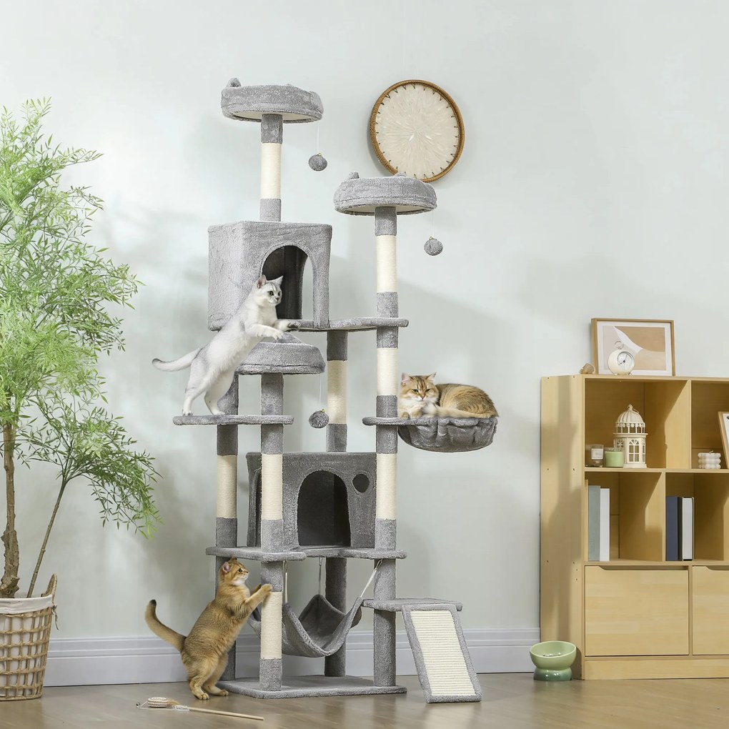 Arranhador para gatos com torre de brincadeiras: 8 postes para arranhar, 4 plataformas, 2 compartimentos abertos, escada e 3 bolas; altura: 192 cm; ci