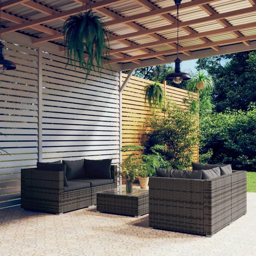 vidaXL 5 pcs conjunto lounge de jardim c/ almofadões vime PE cinzento
