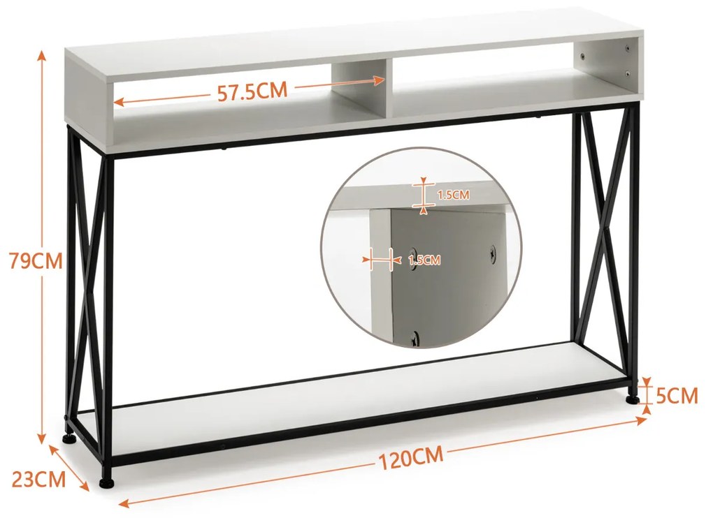 Mesa Consola com 2 níveis com prateleira aberta 120 x 23 x 79 cm Branca