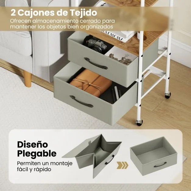 Carrinho de armazenamento móvel 30 x 43,5 x 96 cm com rodas de cozinha ou escritório com Suporte para impressora com 2 prateleiras abertas e 2 gavetas