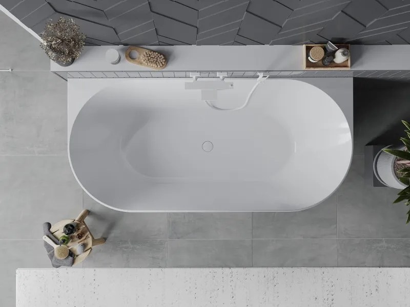 Mexen Oval Slim banheira independente encostada à parede 170 x 80 cm, branca, transbordamento branco - 52661708000-20