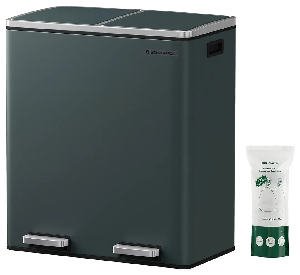 Lixeira de cozinha com dois compartimentos e pedal de funcionamento suave | SONGMICS | 58,5 x 36 x 65 cm | cinzento | LTB60GS.