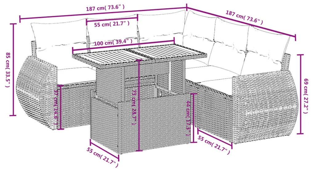 6 pcs conjunto sofás de jardim com almofadões vime cinzento