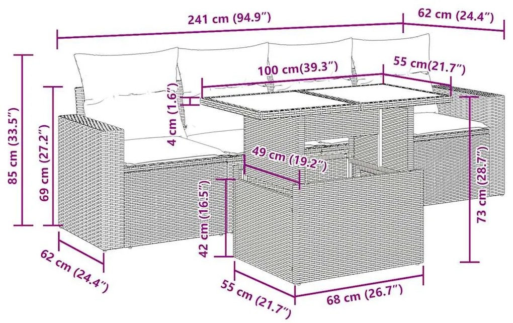 5 pcs conjunto sofás de jardim com almofadões vime PE preto