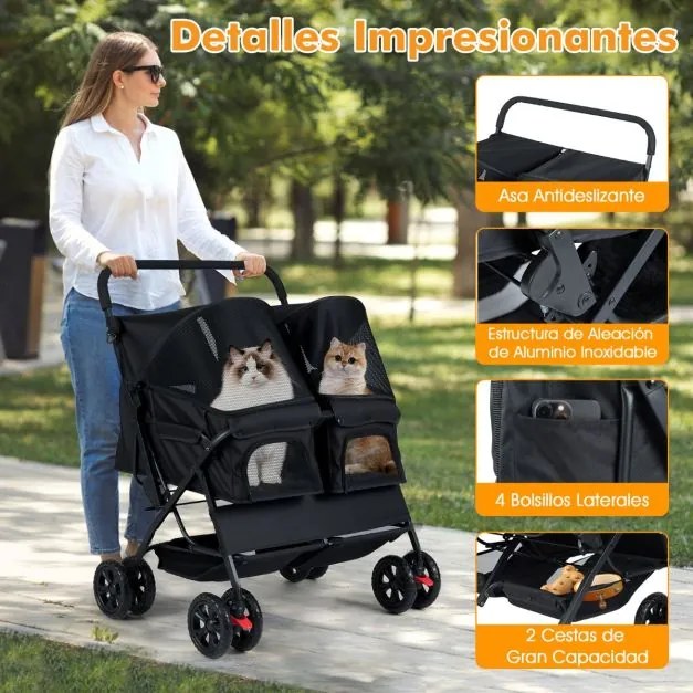 Carrinho duplo dobrável para animais de estimação com 2 assentos, guarda-sol ajustável e cesto de armazenamento para passeios, Preto