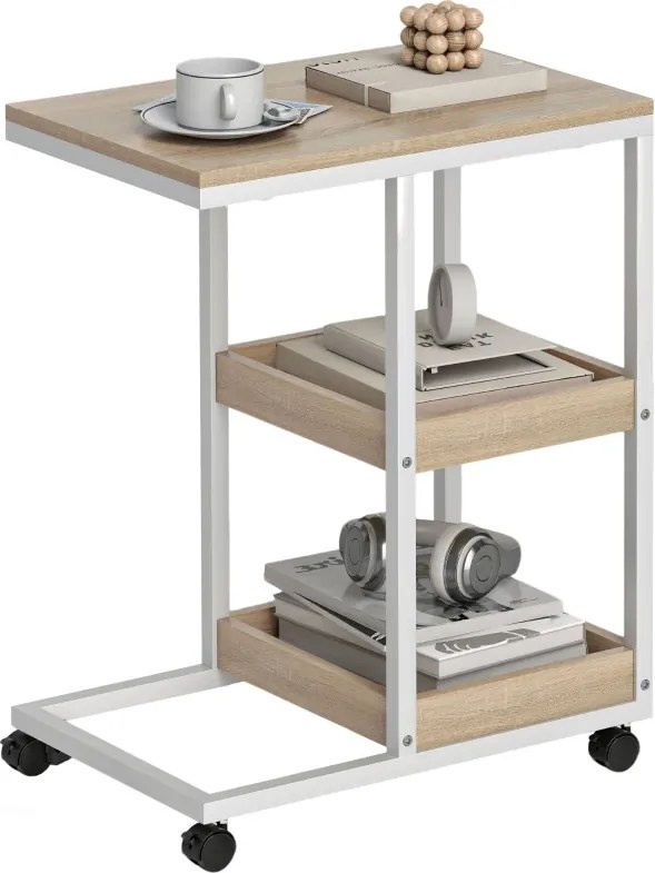 Mesa Auxiliar em Forma de C com Rodas Prateleiras Abertas e Estrutura em Aço para Sala ou Quarto 51x33x66 cm Madeira e Branco