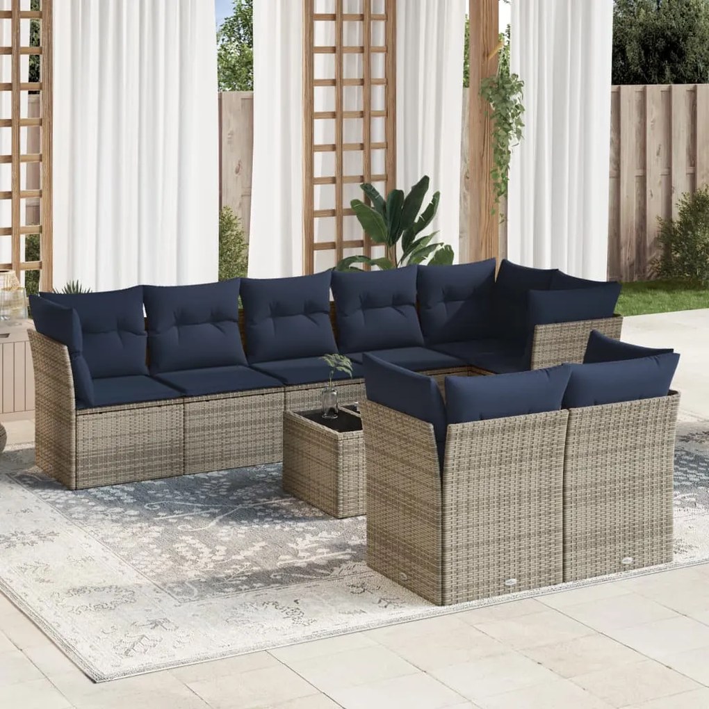 vidaXL 9 pcs conjunto sofás p/ jardim c/ almofadões vime PE cinzento