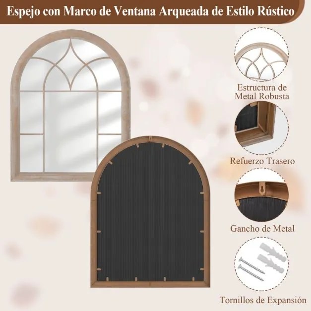 Espelho de painel de janela estilo rústico arqueado 88,5 x 69 x 3,5 cm e montado na parede com moldura metálica cinza