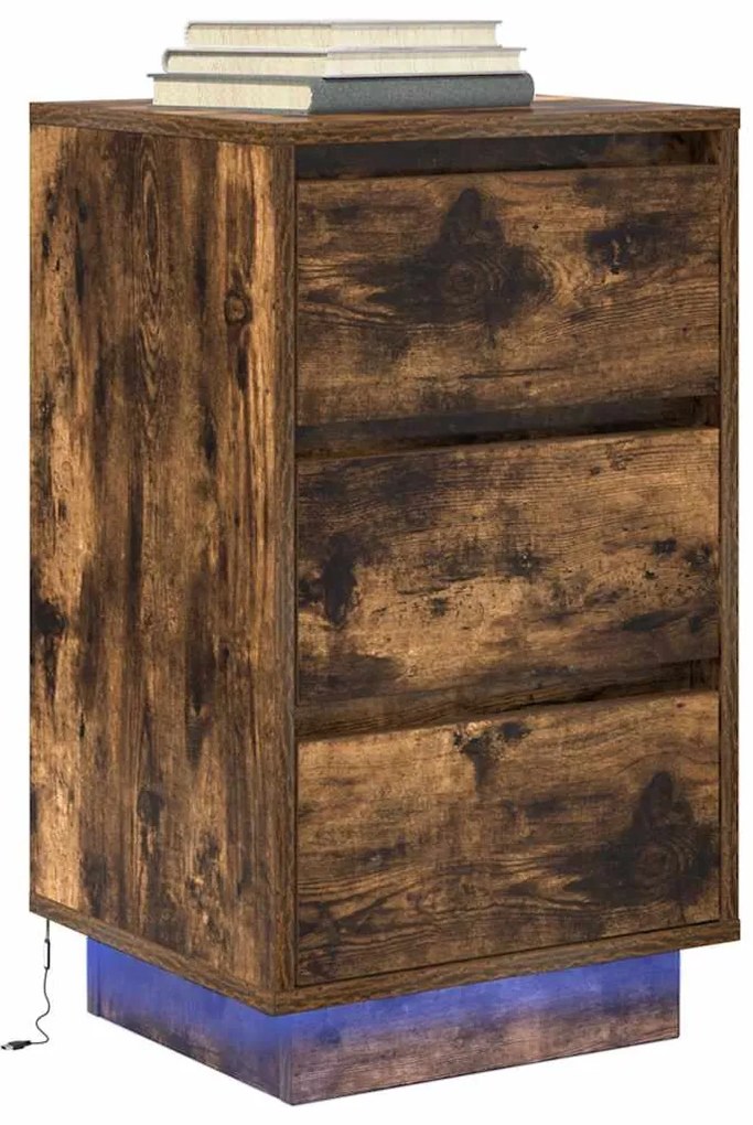 Mesa de cabeceira c/ luzes LED 38x34x65 cm carvalho fumado