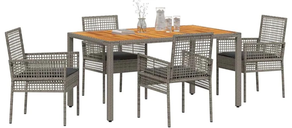 Conjunto de Jantar de 5 Peças com Almofadas Cinza Rattan Poliéster
