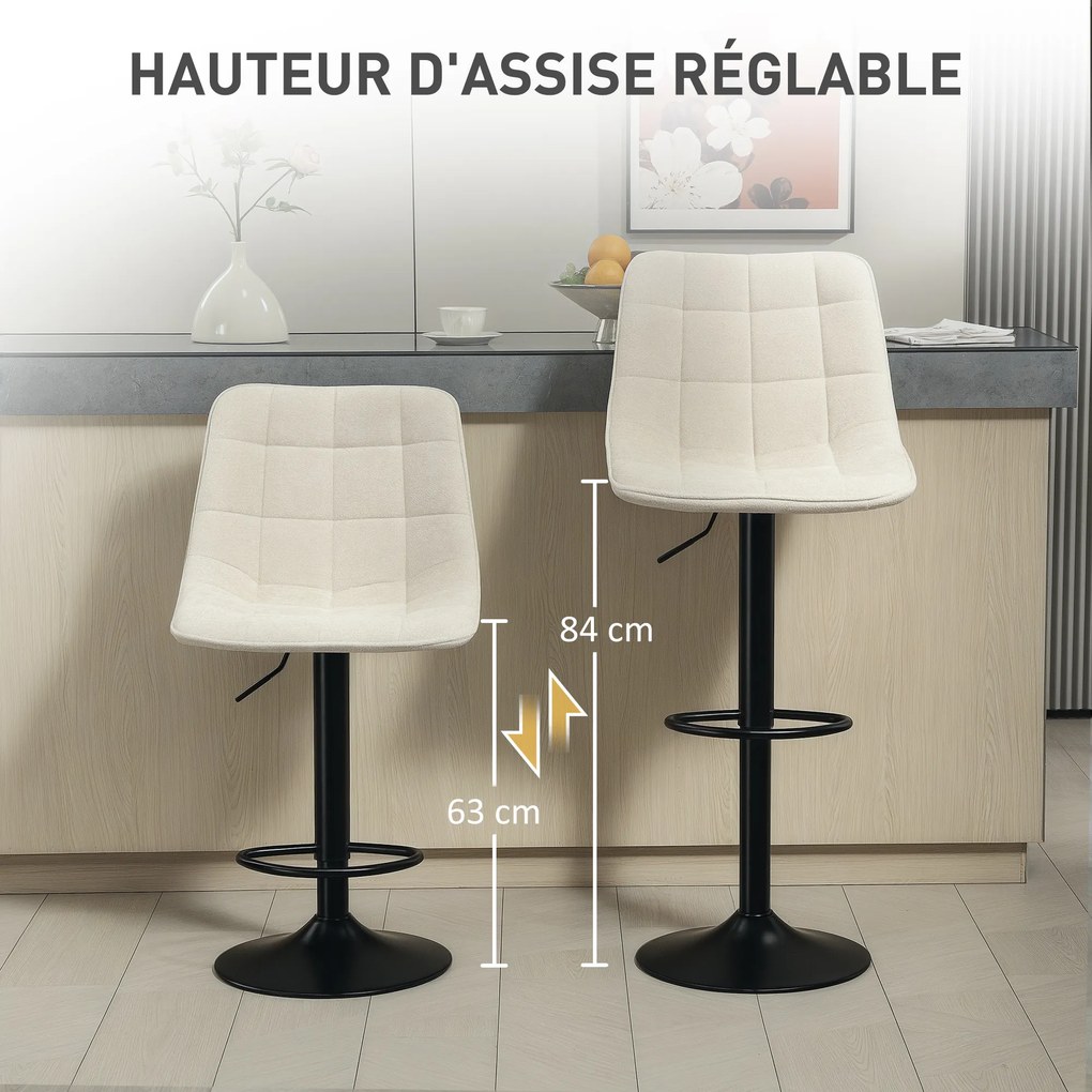 Conjunto de 2 bancos de bar, cadeiras de bar em chenille, com altura ajustável e encosto giratório a 360°, 47 x 48 x 117,5 cm, bege