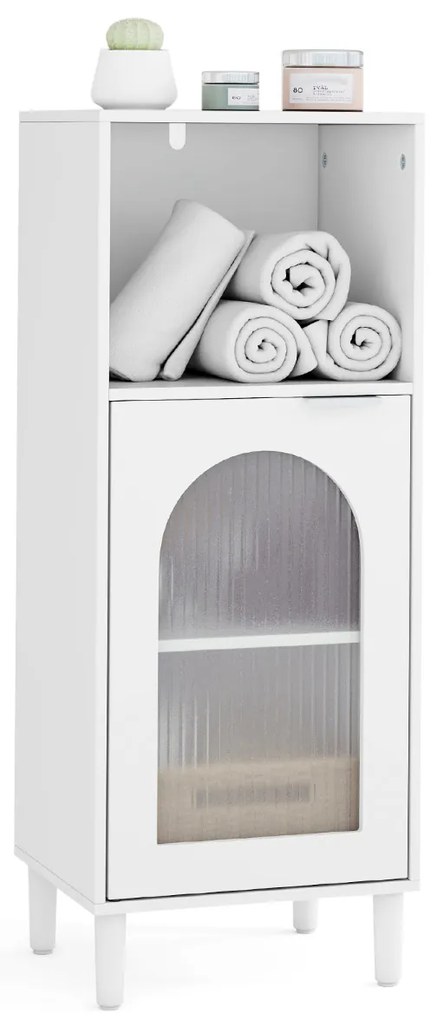 Armário de banho estreito 35 x 30 x 90 cm com compartimento aberto e porta de vidro com prateleira ajustável Branco