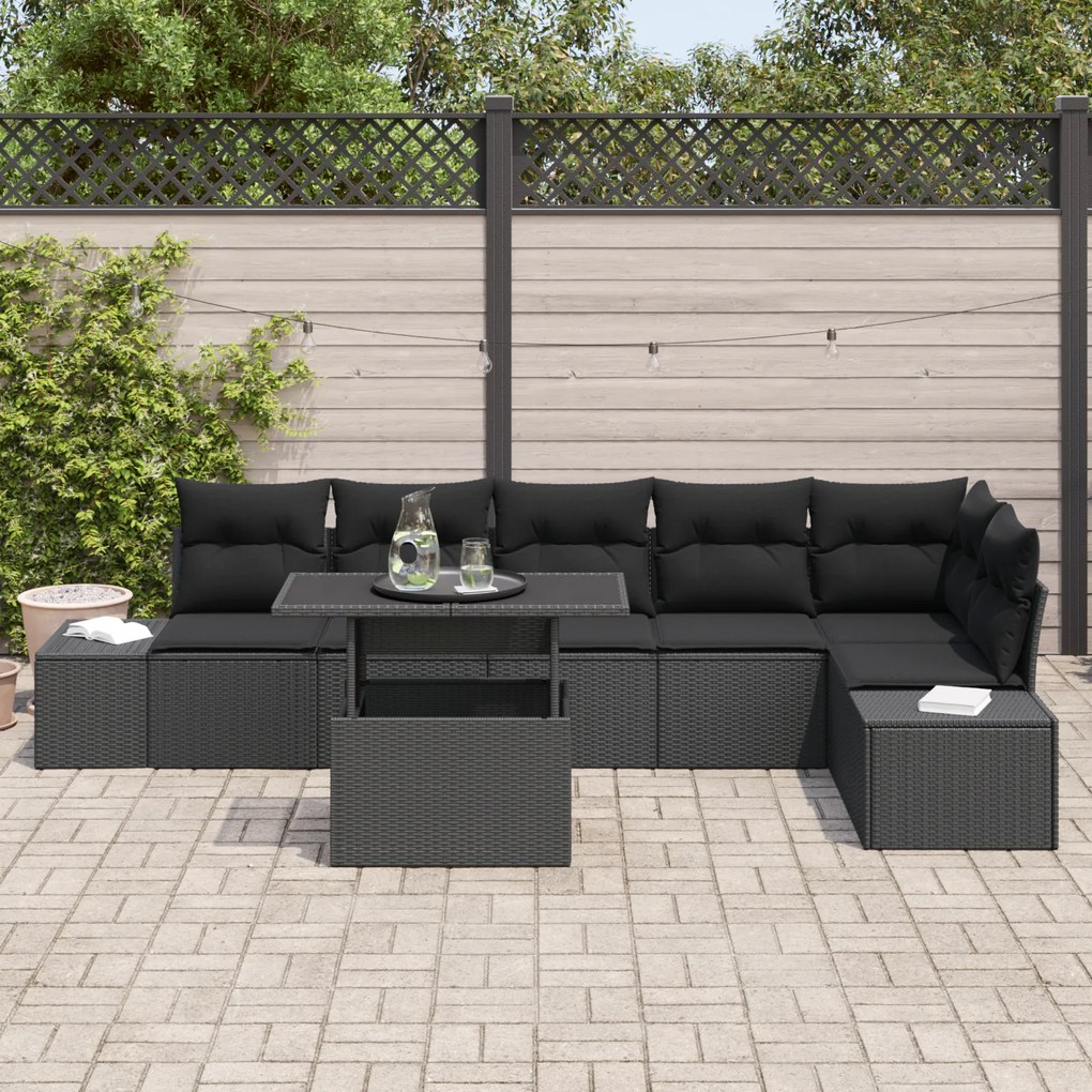 Conjunto de Sofá de Jardim 7 Peças com Almofadas Preto em Rattan
