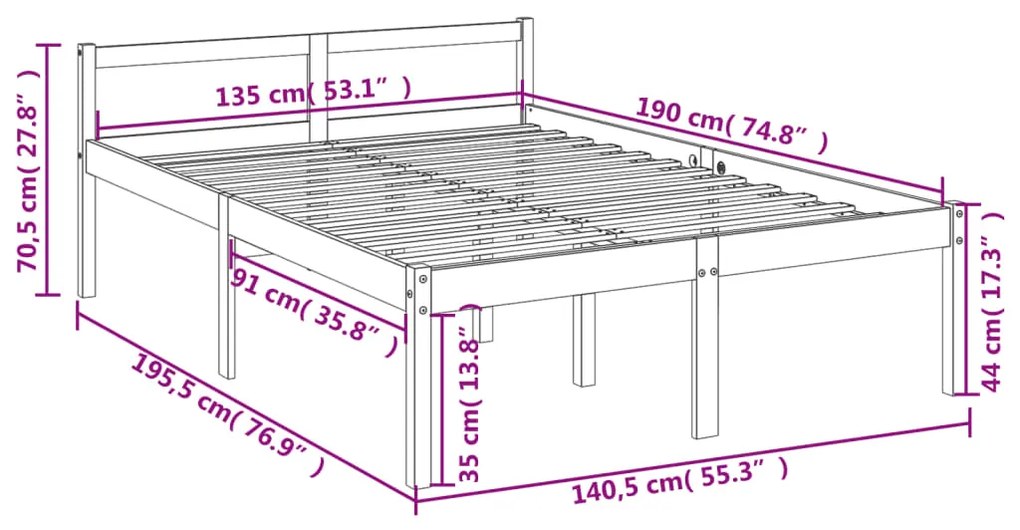 Estrutura de cama casal 135x190 cm pinho maciço castanho-mel