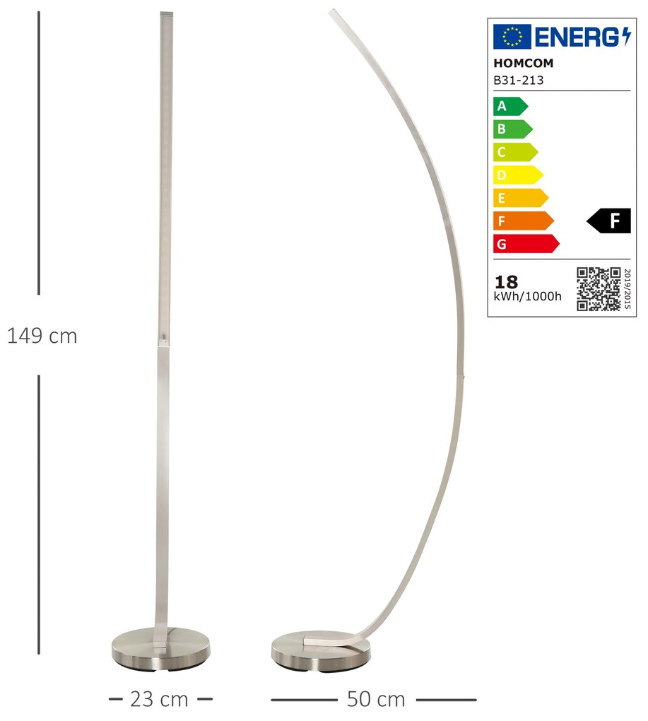 HOMCOM Luminária de piso com luz LED amarela Base de metal Pedal interruptor Design elegante Potência máx. 18 W 50x23x149cm Prata