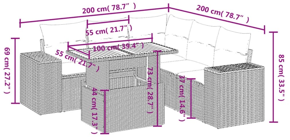 6 pcs conjunto sofás de jardim c/ almofadões vime PE preto