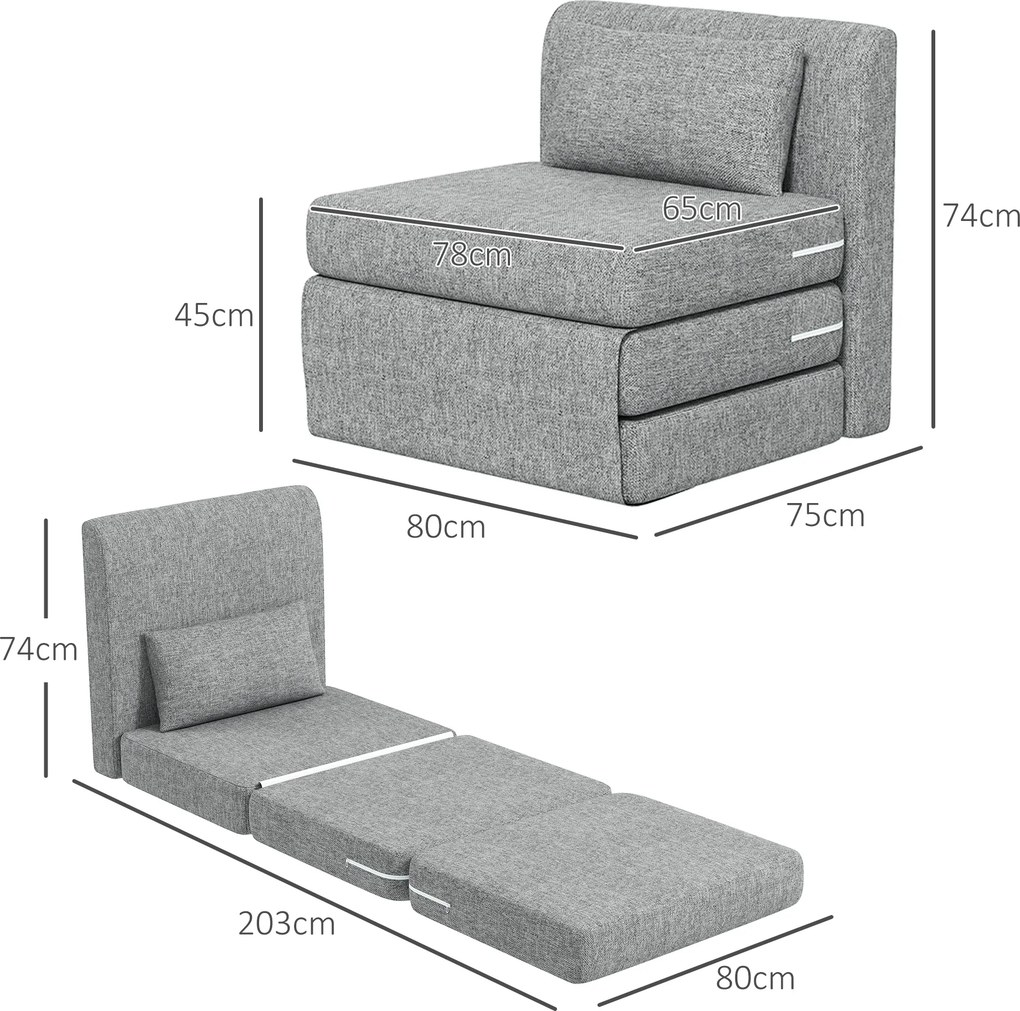 Sofá chão dobrável 3 em 1 com almofada 80L x 75P x 74A cm, convertível, colchão dobrável para hóspedes, sala de estar, escritório, cinzento