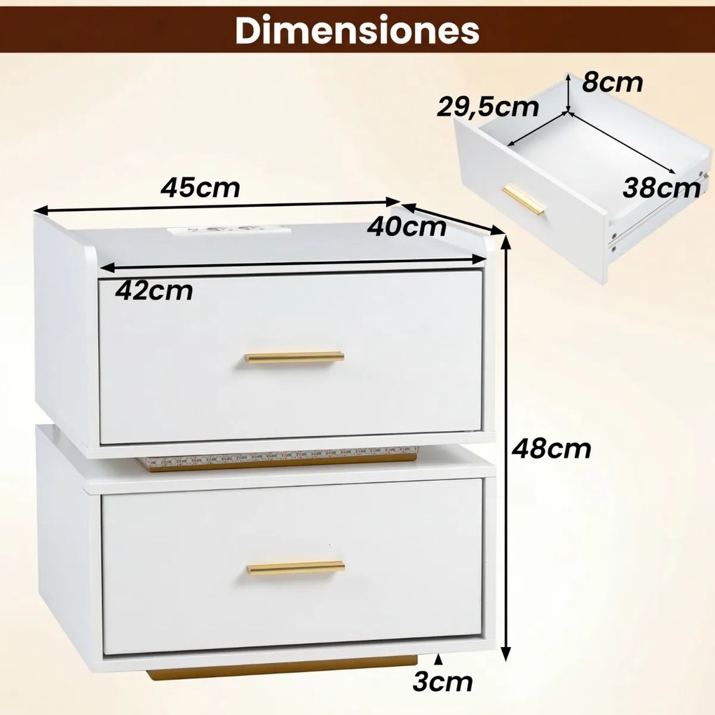 Conjunto de 2 mesas de cabeceira com estação de carregamento LED 45 x 40 x 48 cm, 2 gavetas, arrumação semi-suspensa e base metálica para sala ou quar
