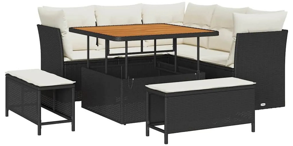 Conjunto de Sofá de Jardim 8 Peças com Almofadas Preto Vime Poliéster