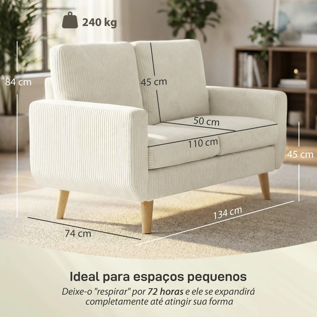 Sofá de 2 Lugares em Veludo 134 cm com Pés de Madeira Encosto Espesso Sofá Moderno para Sala Quarto Creme
