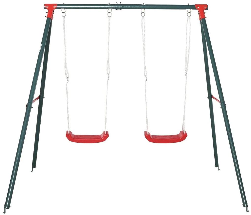 Outsunny Conjunto de Baloiços para Crianças com Suporte de Metal e Corda Ajustável 220x160x180 cm Verde e Vermelho | Aosom Portugal