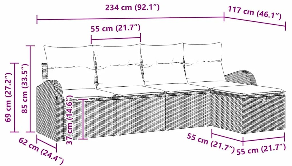 Conjunto de Sofá de Jardim de 5 Peças com Almofadas Preto Vime Polímer