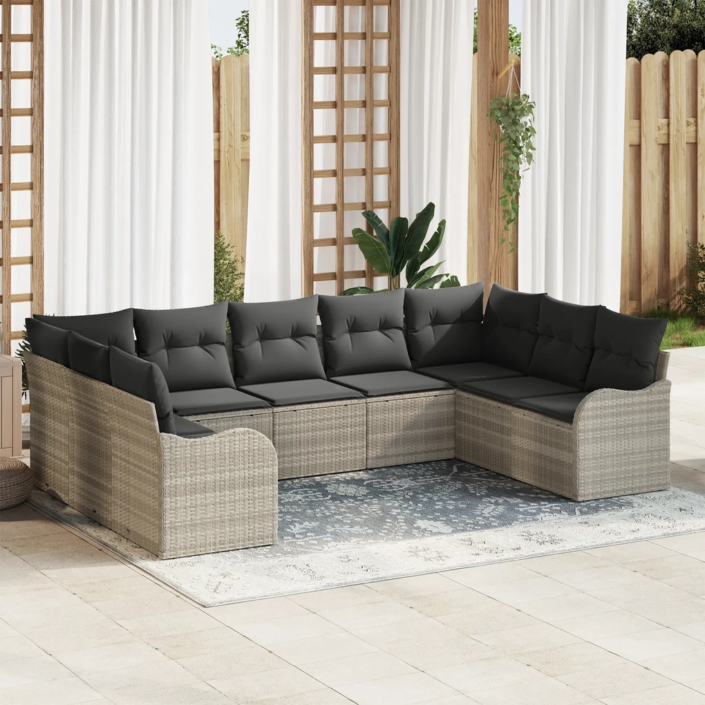 Conjunto de Sofá de Jardim Modular de 9 Peças com Almofadas Cinza Claro de Rattan Poliéster