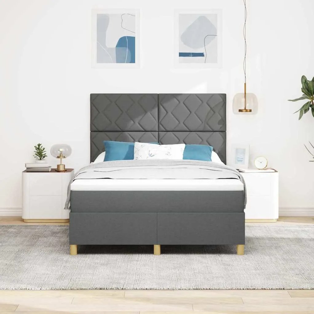 Cama Box Spring com Colchão &amp; LED Cinza Escuro 140x200 cm Tecido