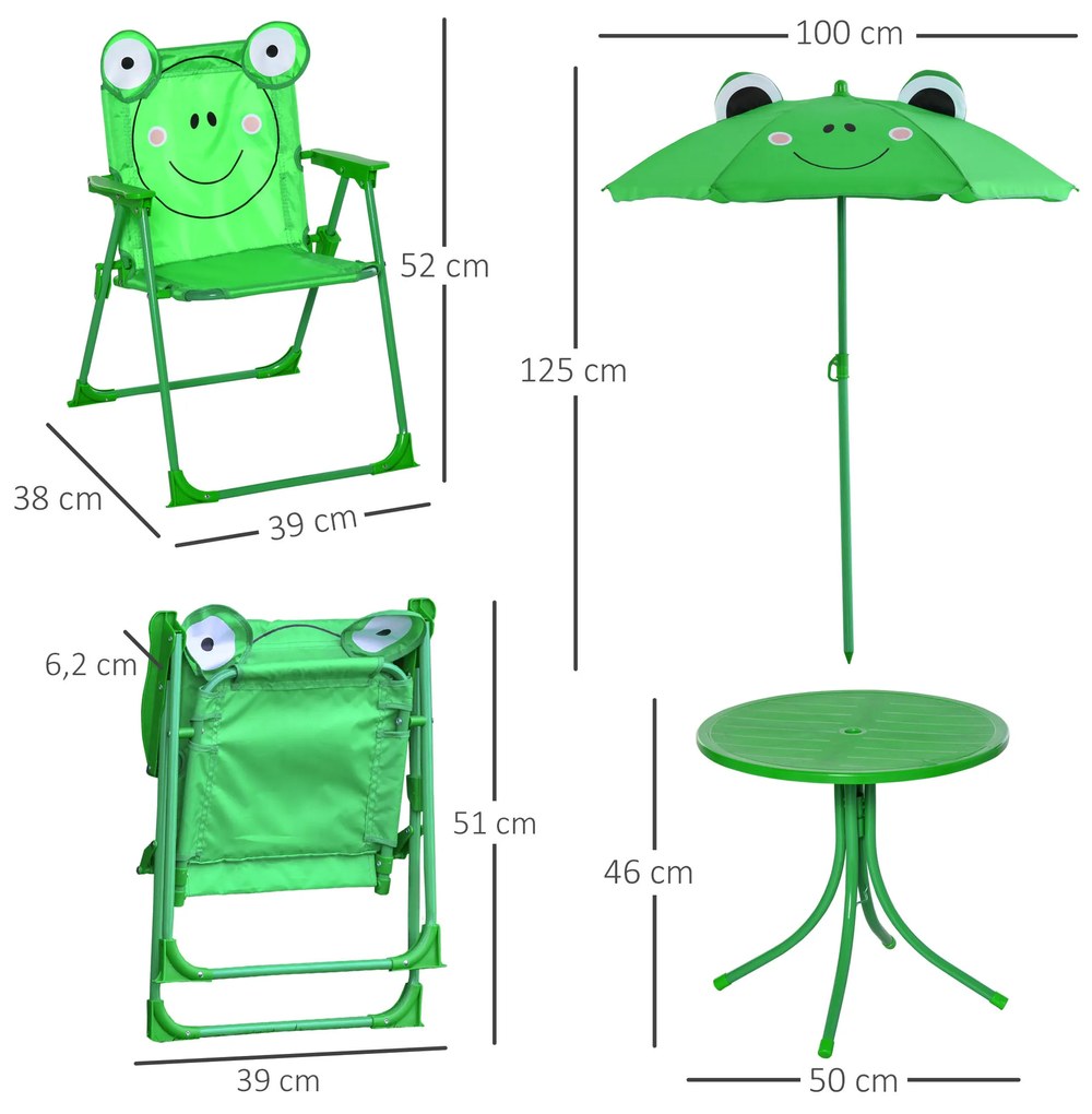Outsunny Conjunto de Mesa e Cadeira de Jardim Conjunto de Picnic Dobrável para Crianças Conjunto de Mesa com Chapéu de Sol com Altura Ajustável 100-125cm Desenho de Sapo Verde