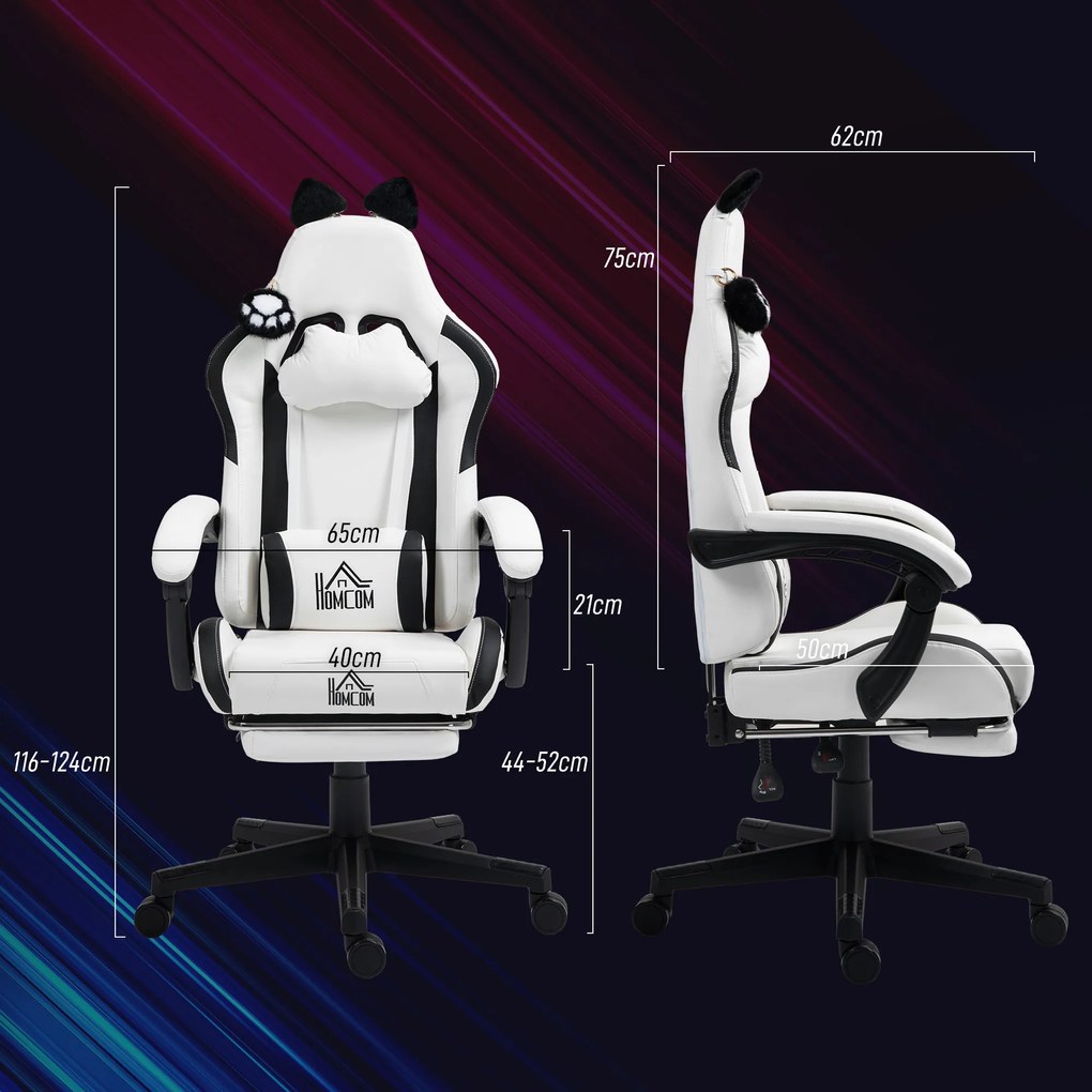 Cadeira Gaming com Orelhas Cadeira Gamer Reclinável com Altura Ajustável e Suporte Lombar 65x62x116-124 cm Branco