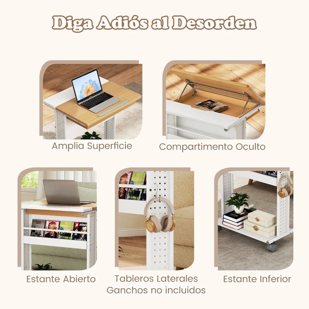 Secretária portátil 60 x 50 x 75-96 cm com rodas e mesa inclinável em 6 posições Compartimento oculto Prateleiras Painéis perfurados em forma de C Nat