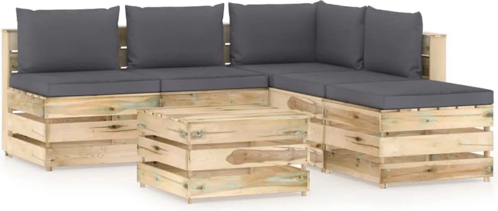 vidaXL 6 pcs conj. lounge jardim c/ almofadões madeira impreg. verde